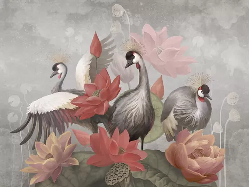 Сrowned storks and flowers